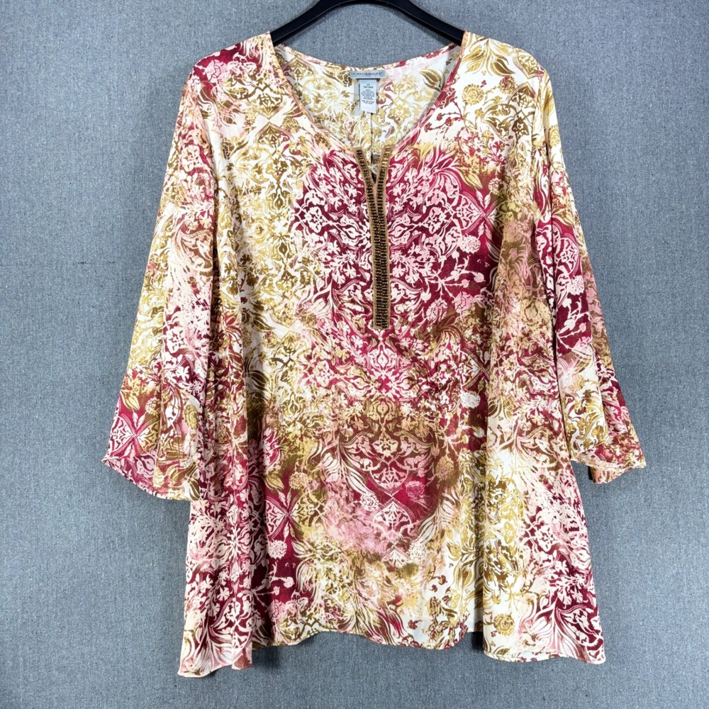 Catherines Tunic Top Women Plus 3X Pink Gold Paisley Beaded Split Neck Blouse